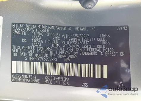 2012 Toyota Sienna Le V6 8 Passenger из США, поврежденный, VIN 5TDKK3DC7CS233223